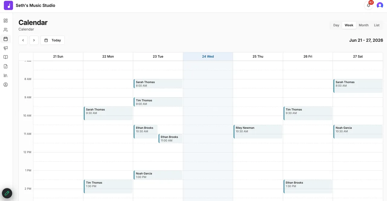 Weekly calendar view of a music studio with student lessons