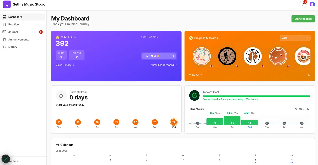 Muzinity student dashboard showing practice points, progress awards, and a weekly streak