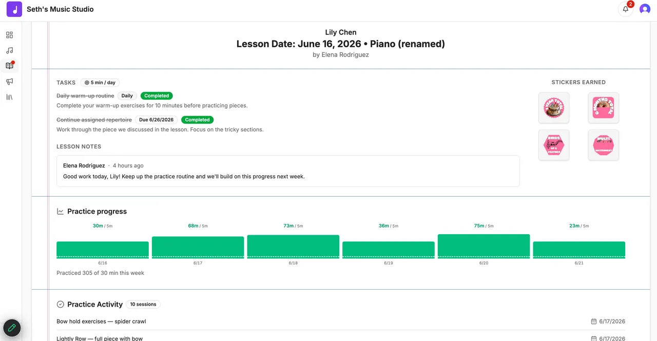 A student practice journal showing tasks, lesson notes and a weekly practice chart