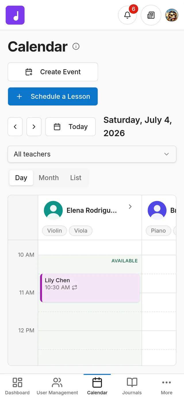 Studio calendar day view on a phone with teacher columns, an availability window, and a scheduled lesson showing the student's name and time