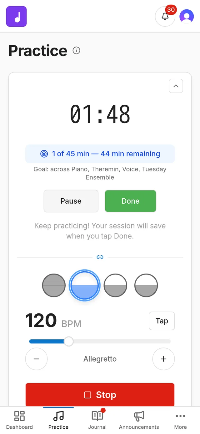 Practice screen on a phone with a running practice timer, a daily goal progress bar, and a metronome set to 120 BPM