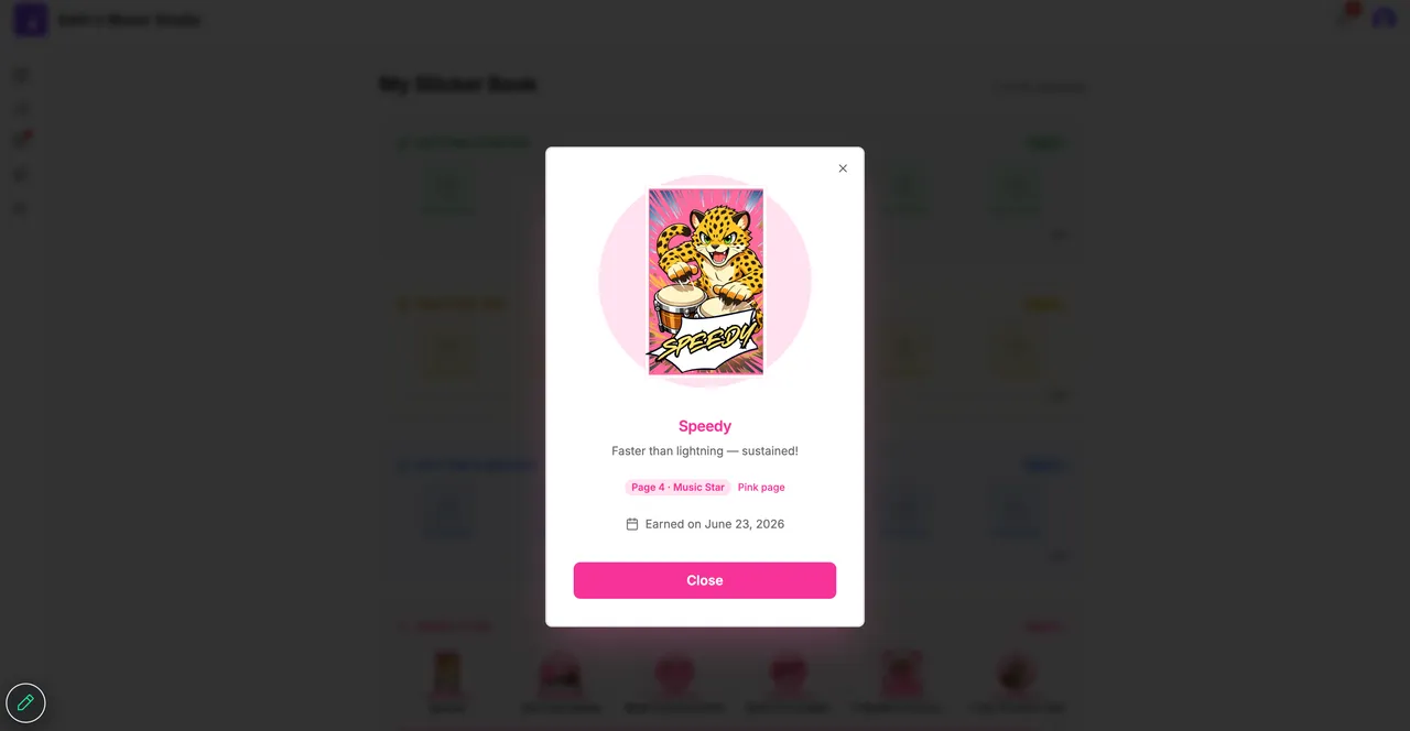 Student sticker book showing the Speedy reward unlocked